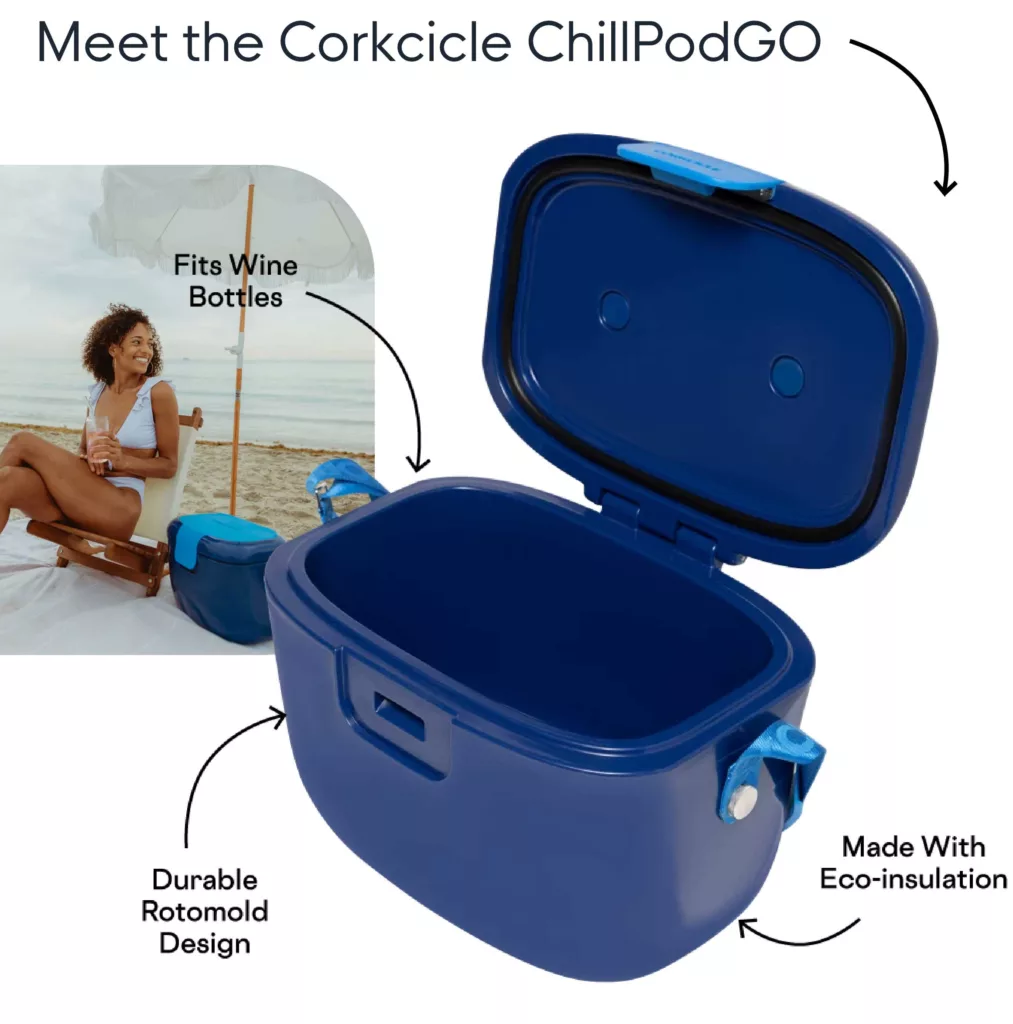 Meet the Corkcicle ChillPodGO: fits wine bottles, durable rotomold design, made with eco-insulation