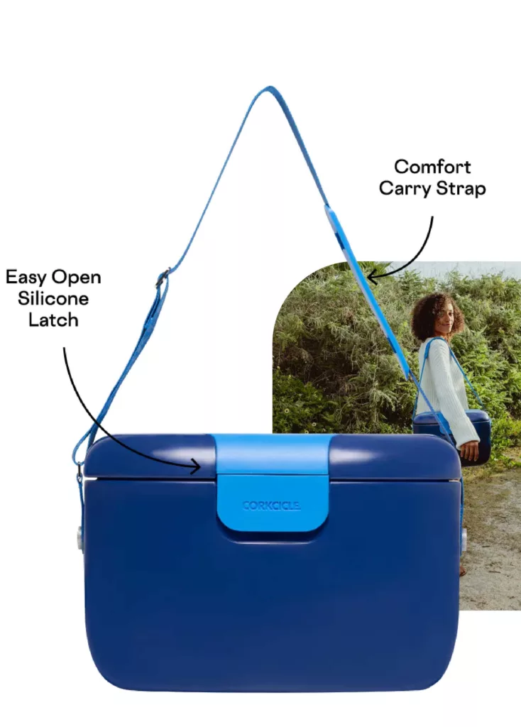 Meet the Corkcicle ChillPodGO: easy open silicone latch, comfort carry strap