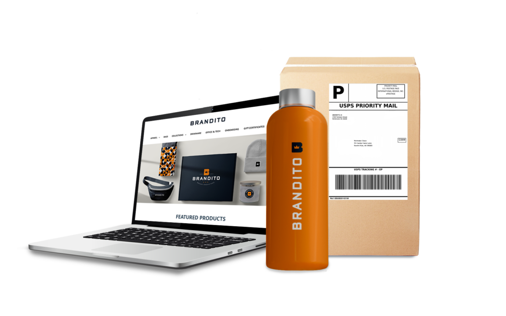 BRANDITO Branded Water bottle, Website, and Shipping box