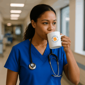 Nurse in blue scrubs sipping from a white coffee mug during a break in a hospital hallway