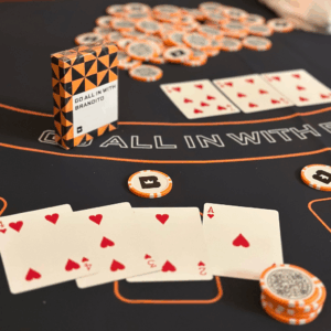 branded deck of cards and poker set up at a tradeshow booth